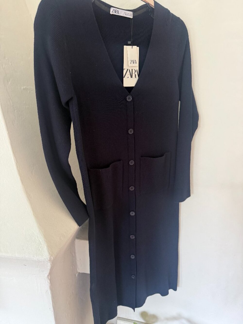 Zara Knit Ribbed Button-Down Dress Size Large NAVY